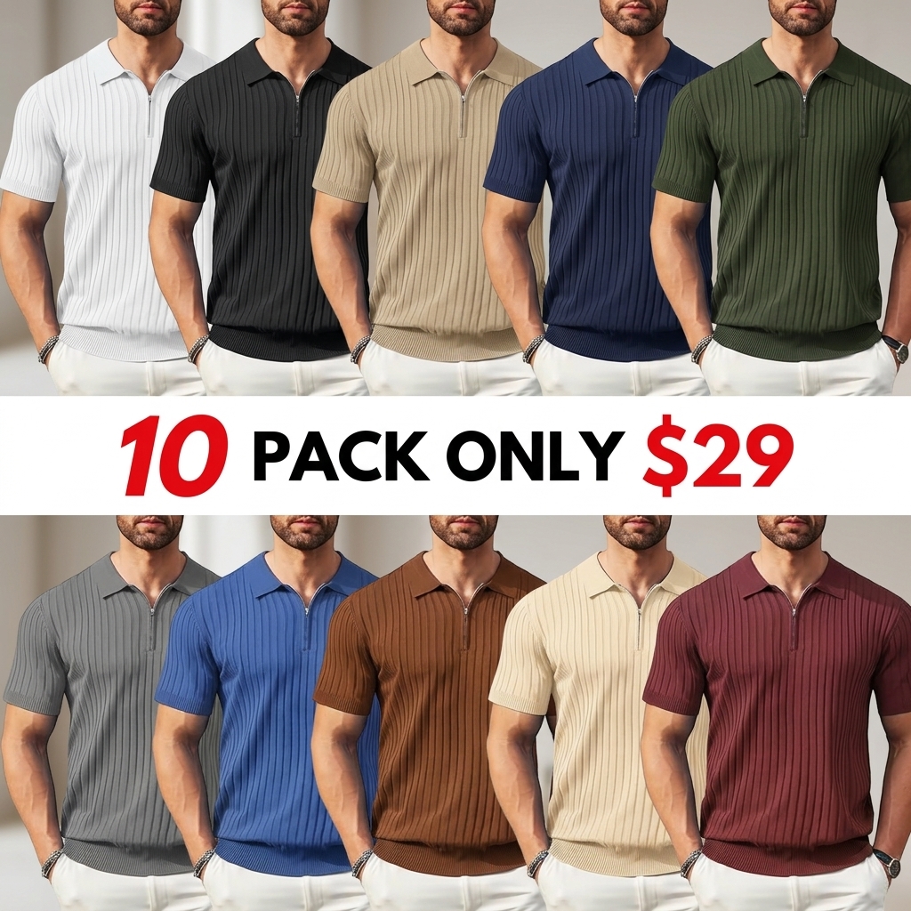 Men's Zipper Polo Shirts Short Sleeve Ribbed Knit Polo T Shirts