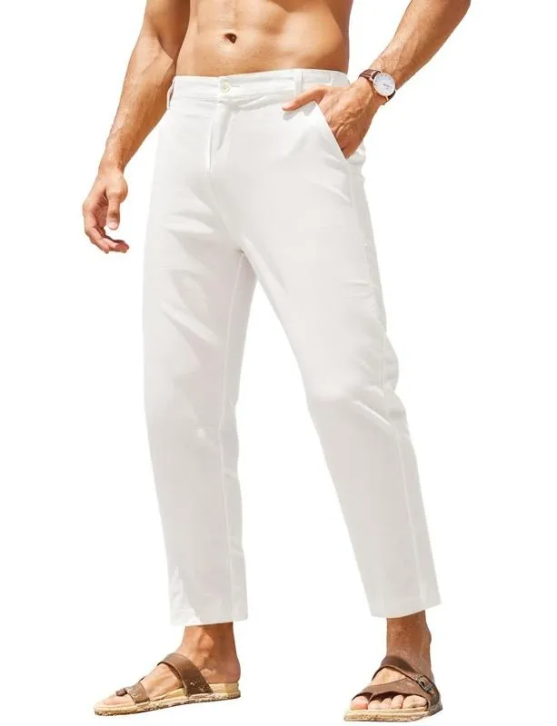 Men's Cotton Linen Pants Elastic Waist Lightweight Casual Pants Slim Fit Yoga Beach Pants