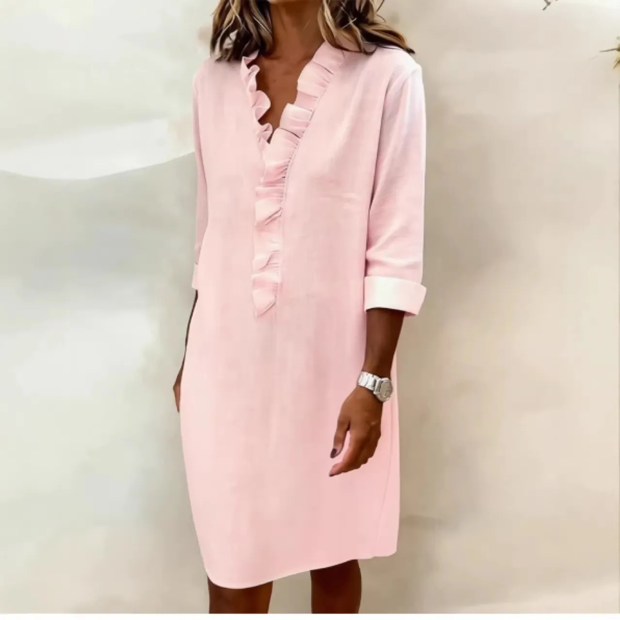 Ruffled V-Neck Solid Color Dress