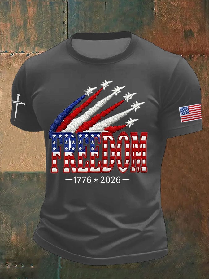 Men's Retro Freedom American Flag Cross Print Round Neck T-Shirt