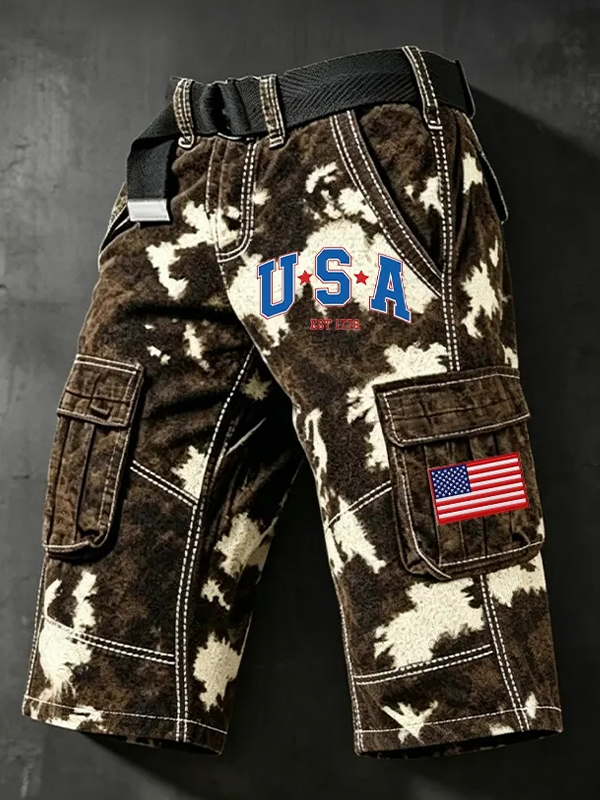 Men's USA Vintage Cow Pattern Art Print Casual Shorts
