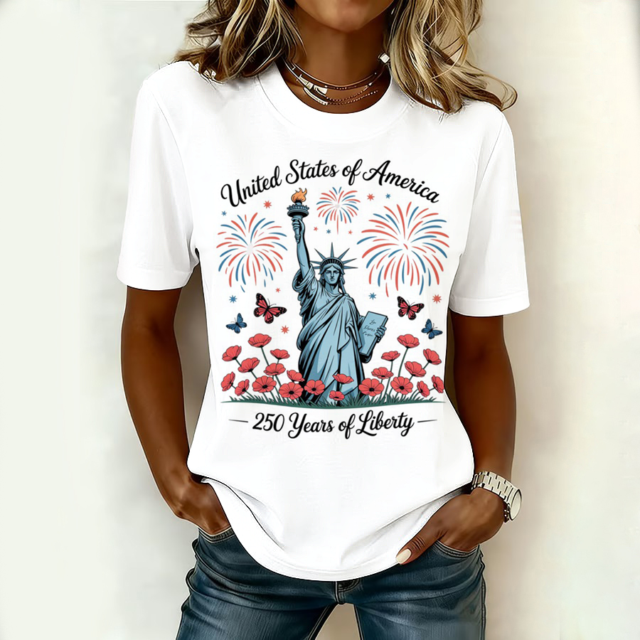 Ladies' Casual American Celebration Statue Of Liberty Printed Round Neck T-Shirt