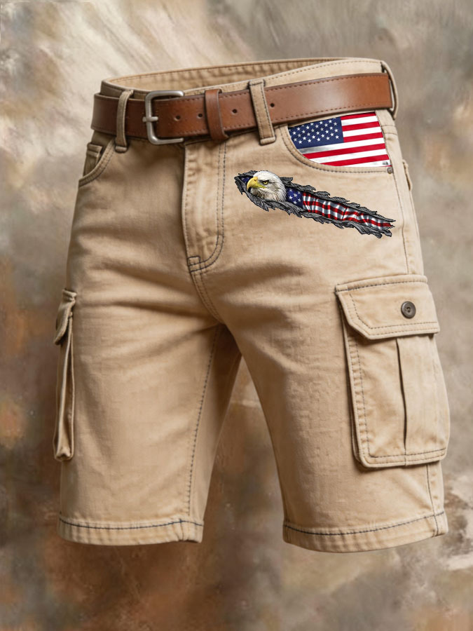 Men'S Retro American Flag Printed Multi Pocket Design Cargo Pants