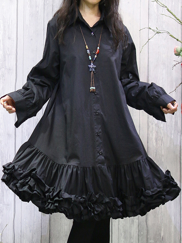 Buttoned Pleated Ruffled Solid Color Long Sleeves Loose Lapel Shirt Dress Midi Dresses