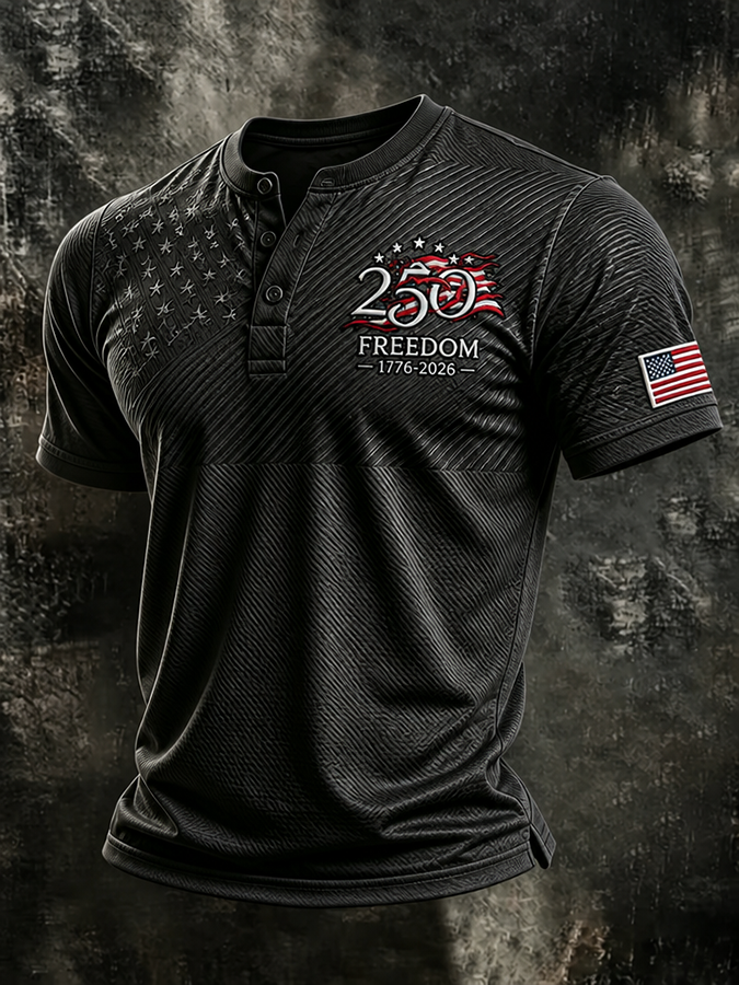 Men'S 250th Anniversary of the United States Print Casual Henry Collar Top