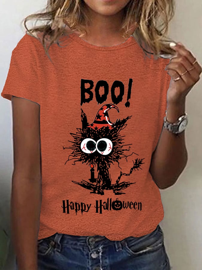 Women's Funny Halloween Boo Black Cat T-shirt
