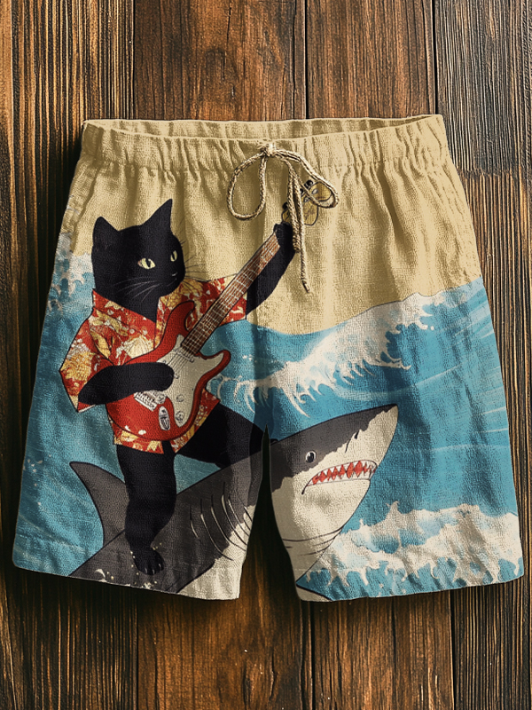 Men's Sea Wave Black Cat Guitarist Shark Print Casual Shorts