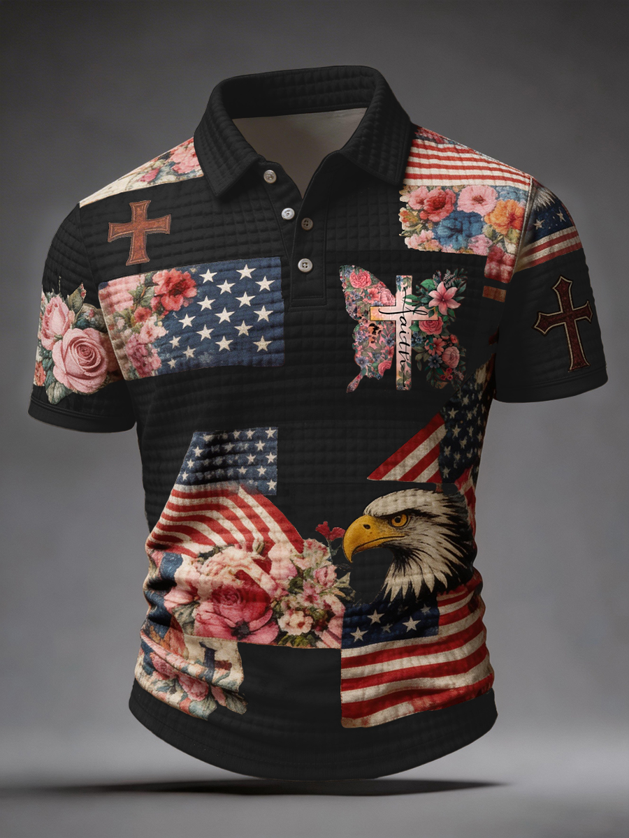Patchwork American Flag Eagle Faith Cross Waffle Polo Shirt
