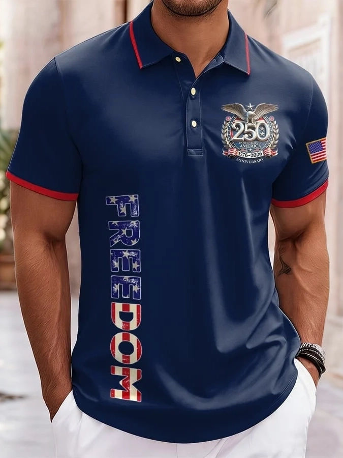 Men'S Casual American Flag Free Personalized Printed Collar T-Shirt