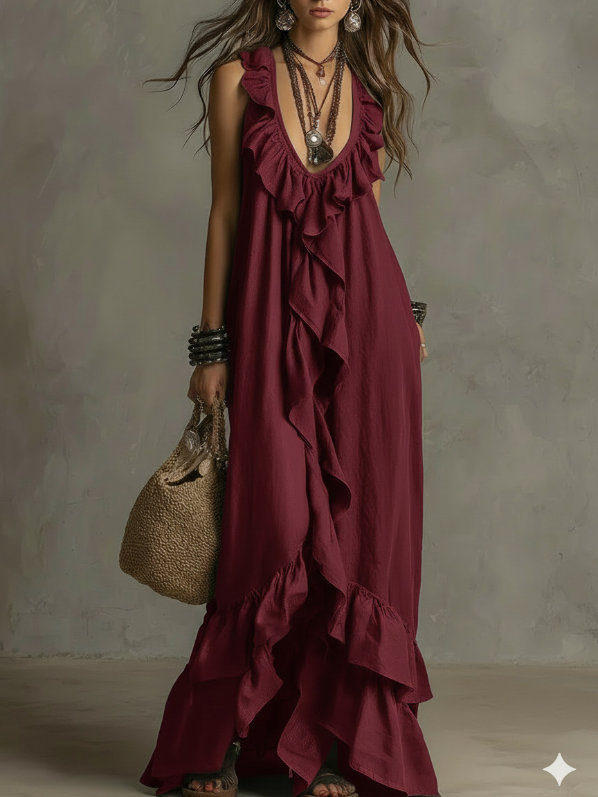 Elegant Bohemian V Neck Ruffle Maxi Dress