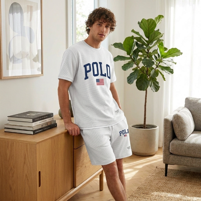 Men’s Waffle Knit 2-Piece Set – Breathable Short Sleeve Tee & Drawstring Shorts Casual Summer Outfit