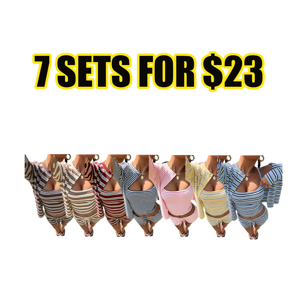 Stripe Ease 3-Piece Knit Tank Top Set – Casual Jacket & Shorts Street Outfit for Women