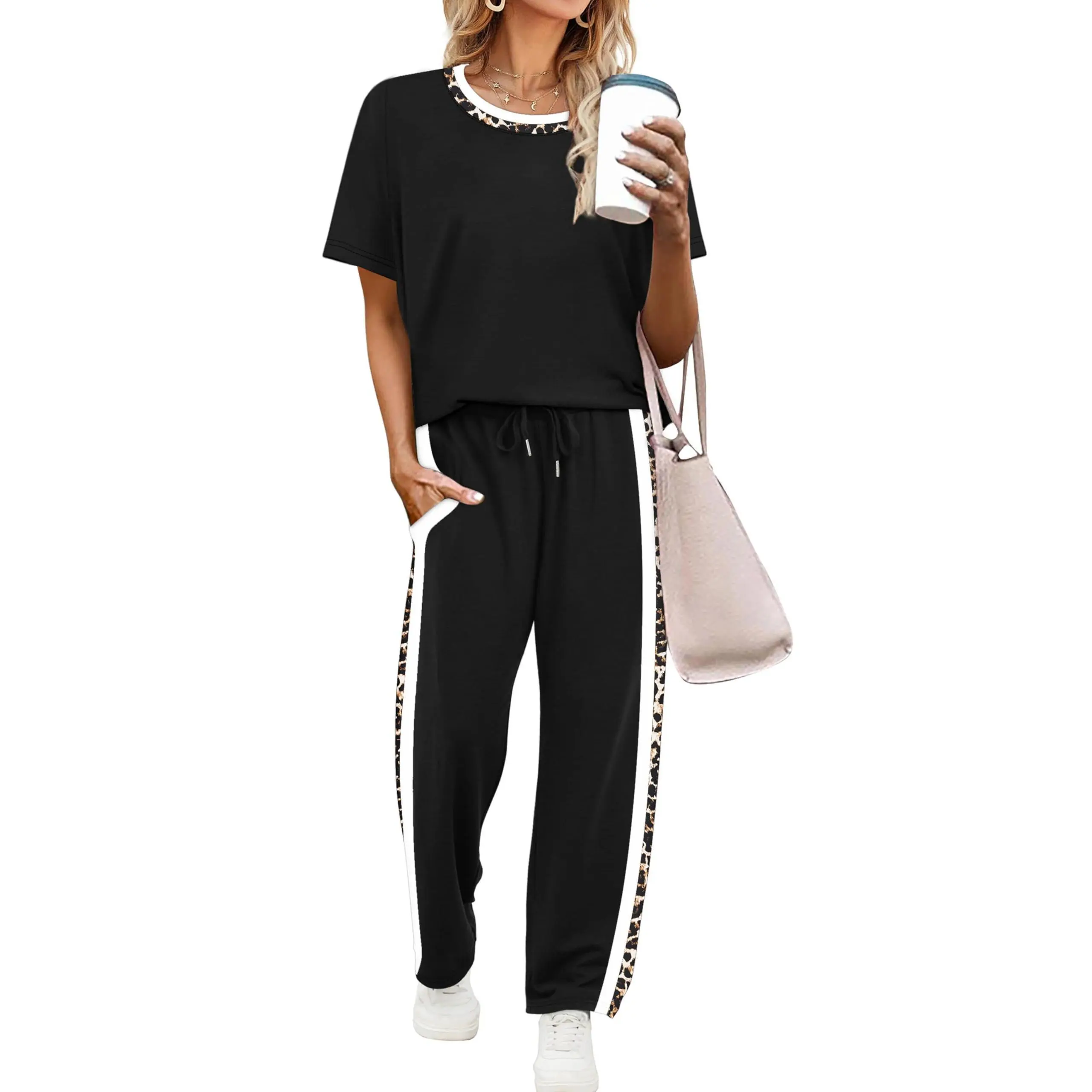 2 Piece Lounge Sets for Women Matching Set Summer Outfits Short Sleeve Tops Wide Leg Pants with Pockets