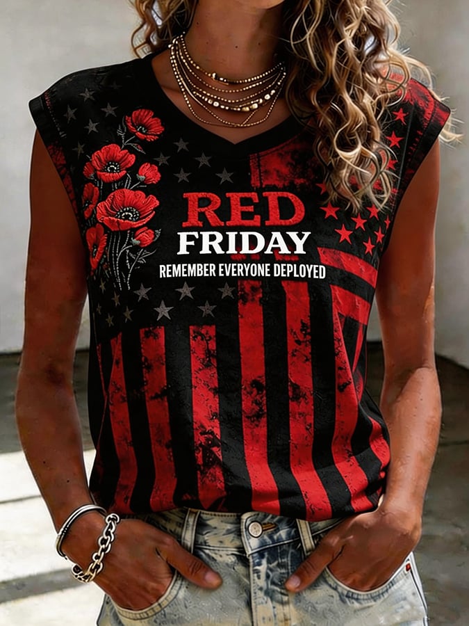 Women's Red Friday Printed V-neck Vest