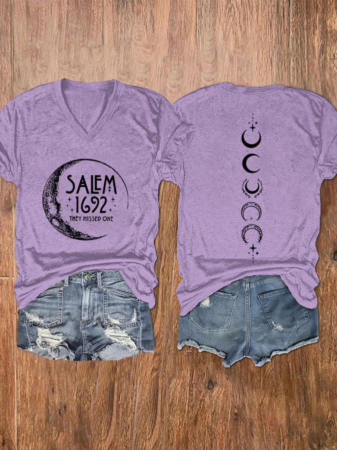 Women's Halloween Salem 1692 They Missed One Print V-Neck T-Shirt