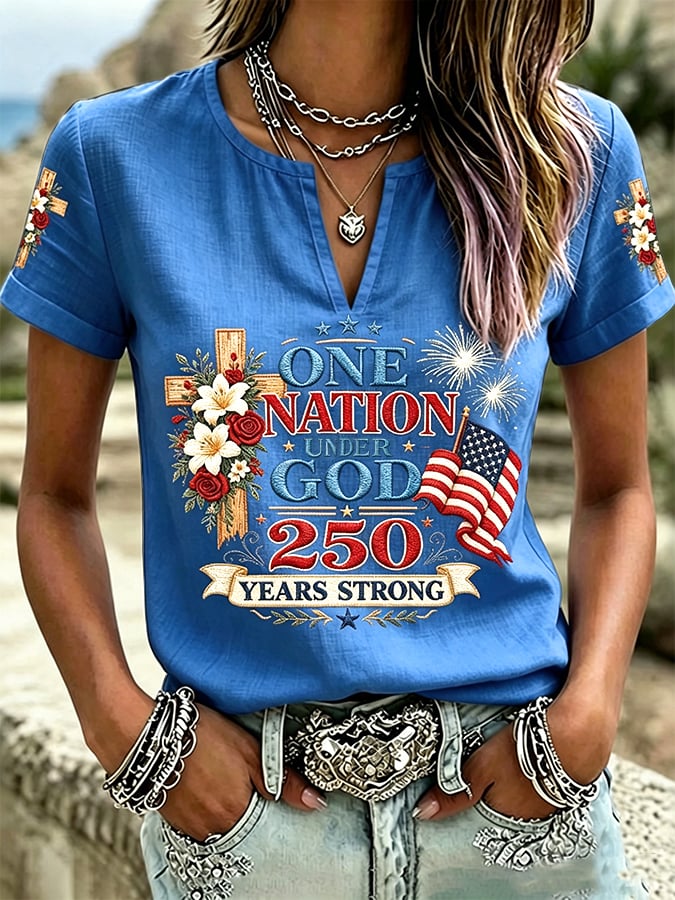 Women's America 250 Years Strong One Nation Under God Print Casual T-shirt