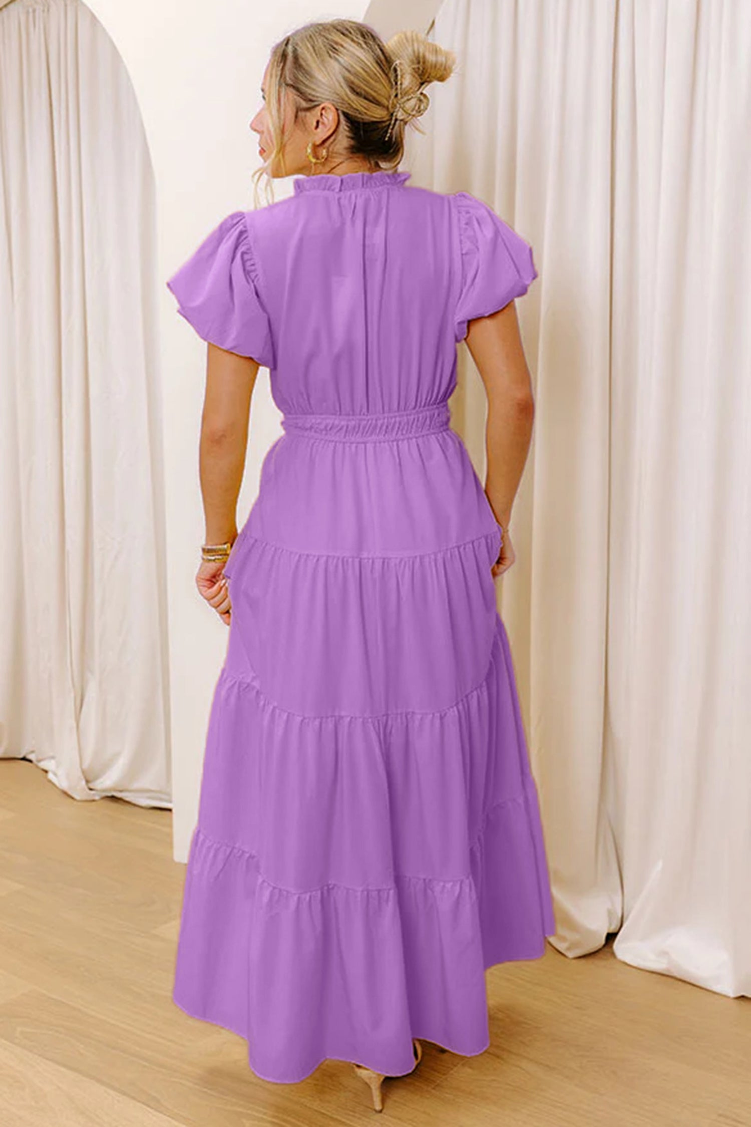 Coral Solid Color V Neck Short Puff Sleeve High Waist Tiered Maxi Dress