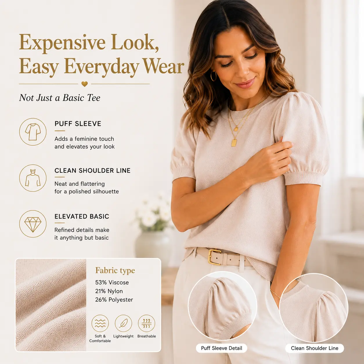 Women's Puff Short Sleeve Lightweight Knit Top Soft Breathable