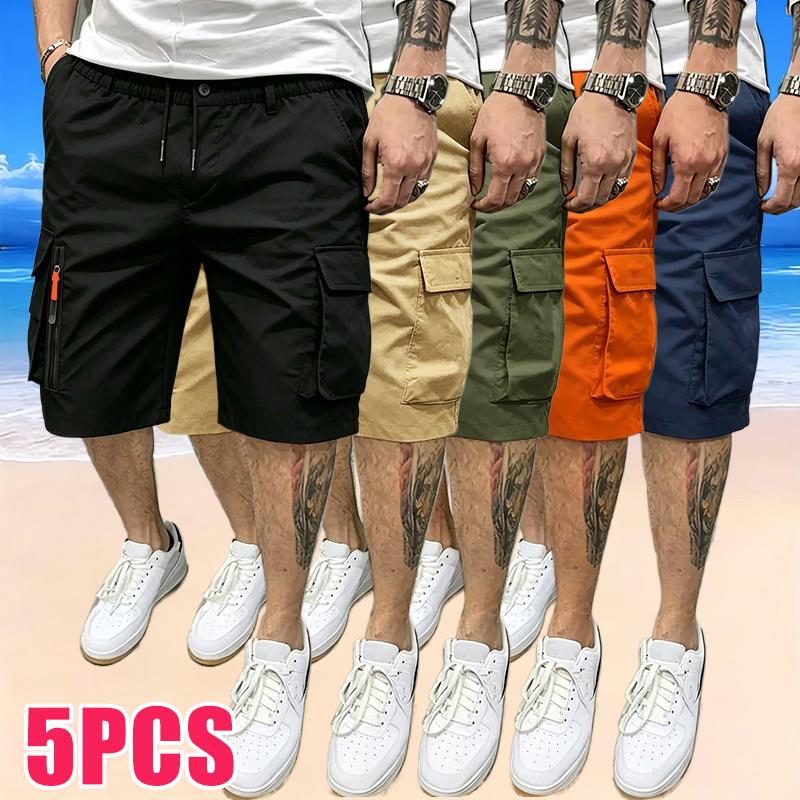 Men's Athletic-Casual Cargo Shorts — Multi-Pocket Design, Elastic Drawstring Waist, Decorative Faux Zipper