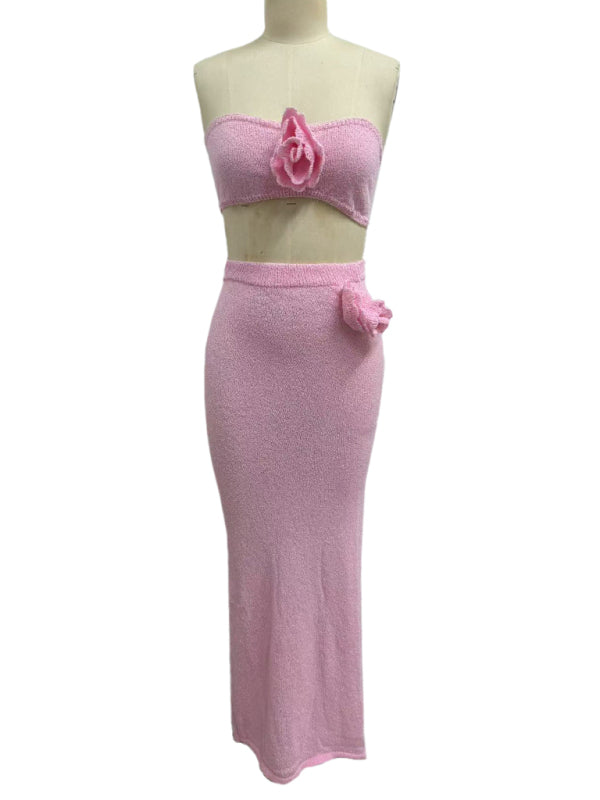 Strapless knitted hollow flower high waist skirt set