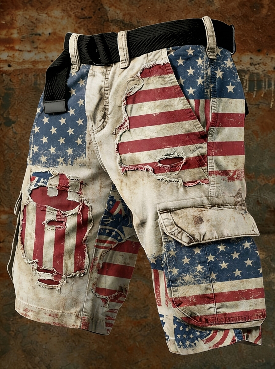 Men's Ripped Flag Stars And Stripes Print Denim-Like Cargo Shorts