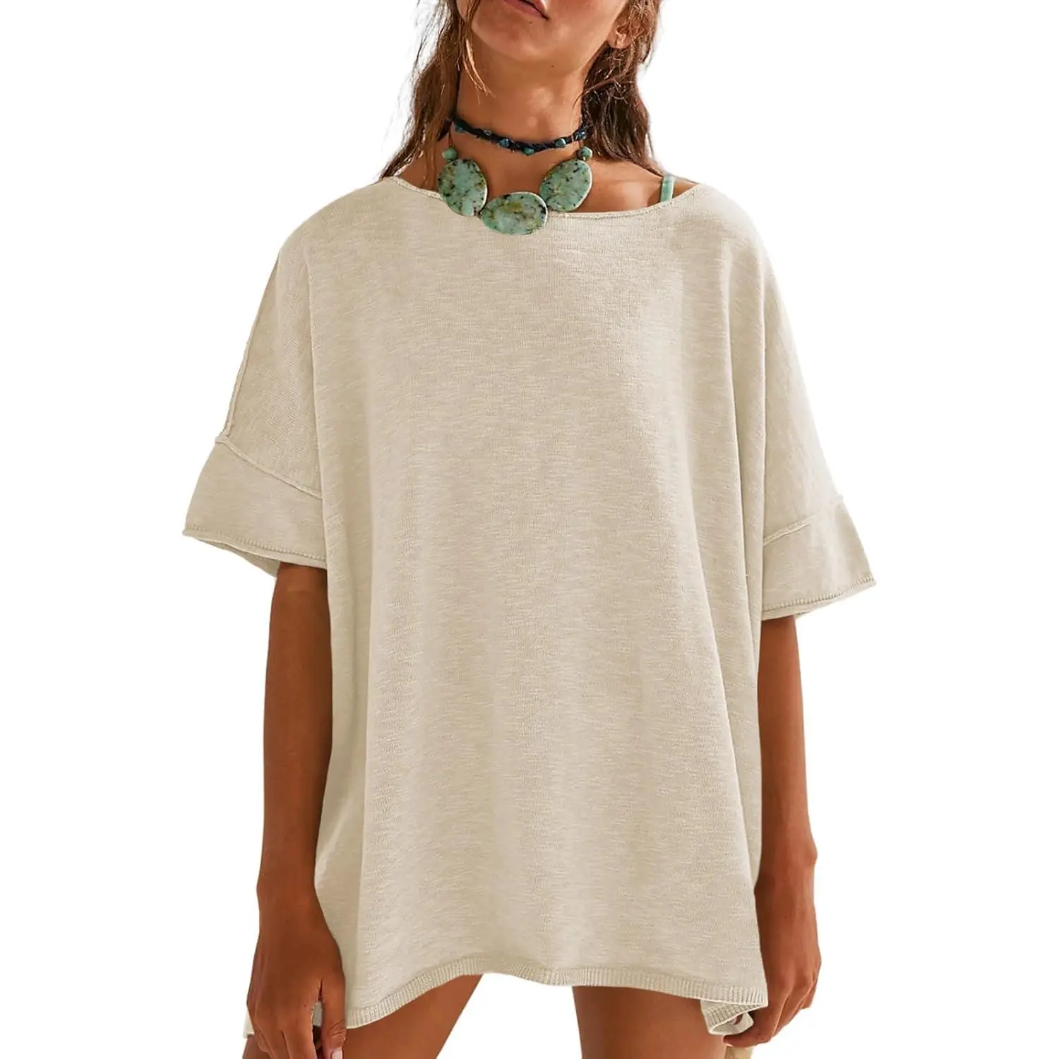 Women's Loose-Fit T-Shirt – Casual Summer Crew Neck Drop-Shoulder Short-Sleeve Top with Side-Slit Hem