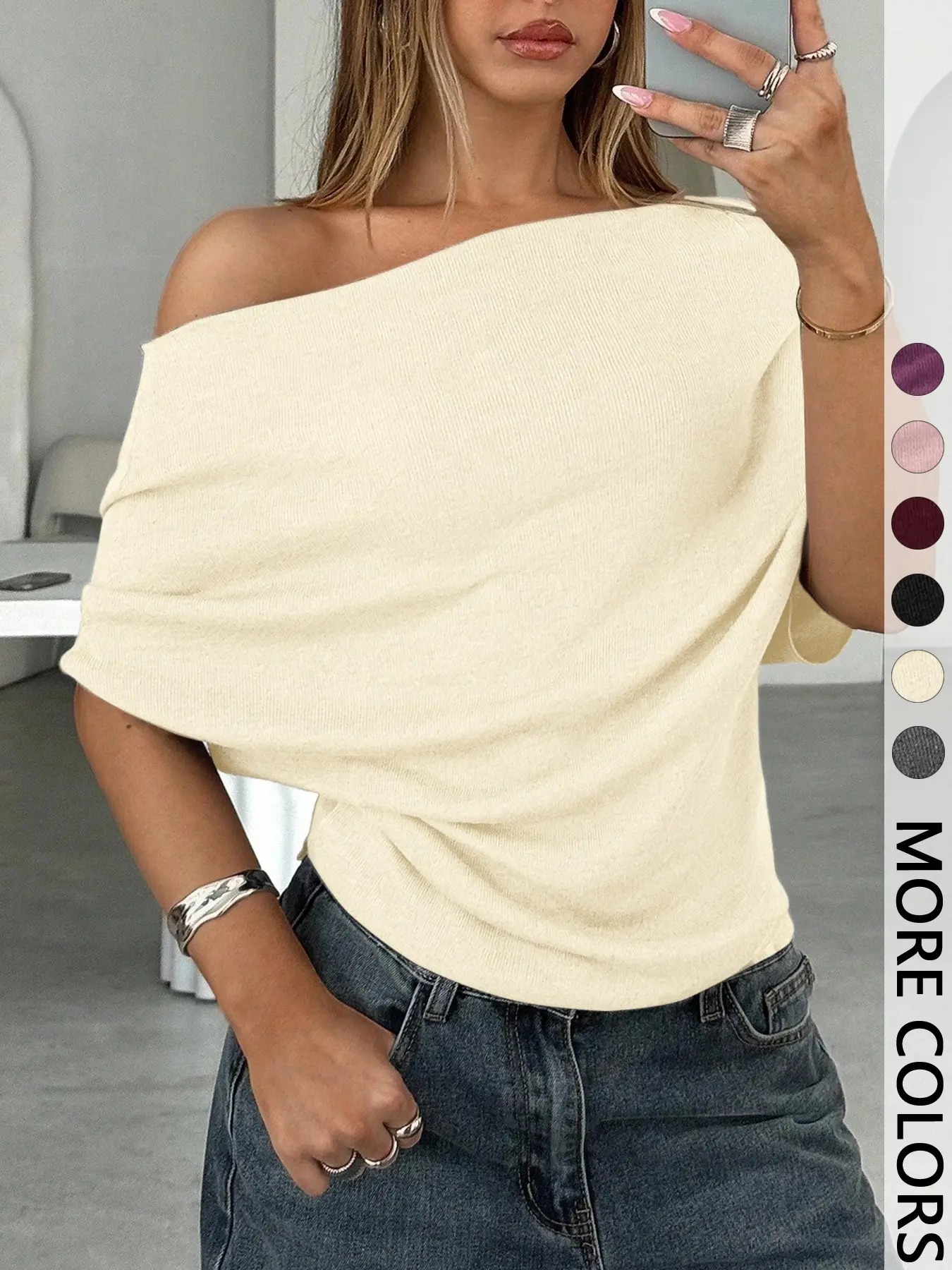 Women's Plain Asymmetrical Shoulder Batwing Sleeve Knit T-Shirt