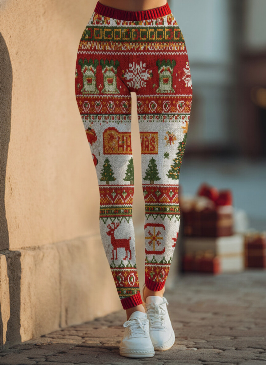 Women's Christmas Bell Tree Reindeer Print Leggings