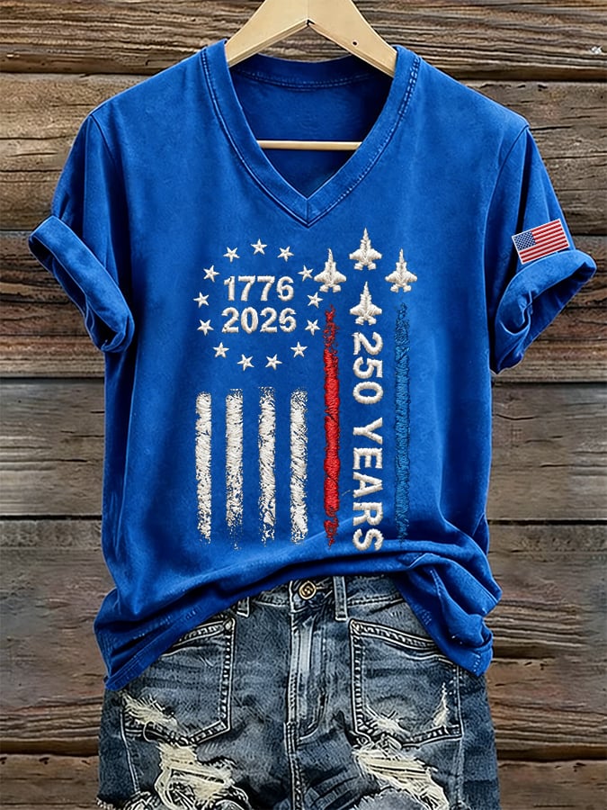 Women's 250 Years Of Freedom Print V Neck T-shirt