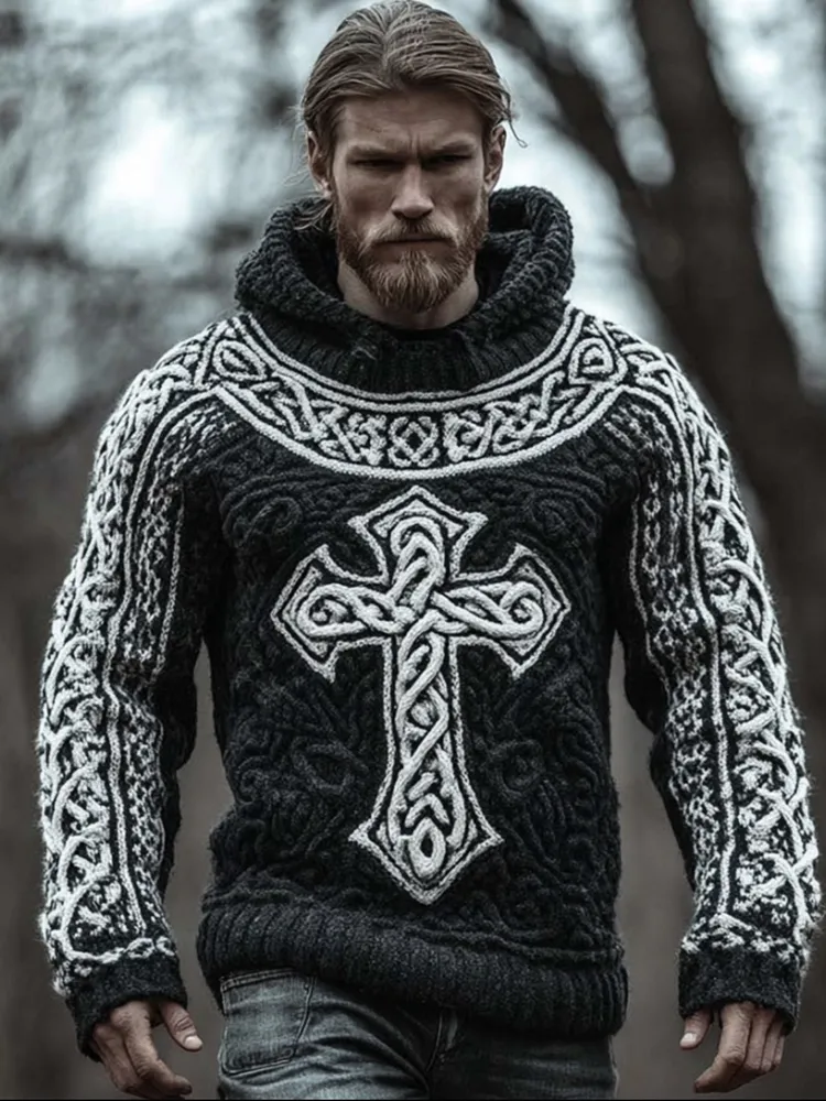 Men's Viking Style Cross Black And White Hooded Sweater