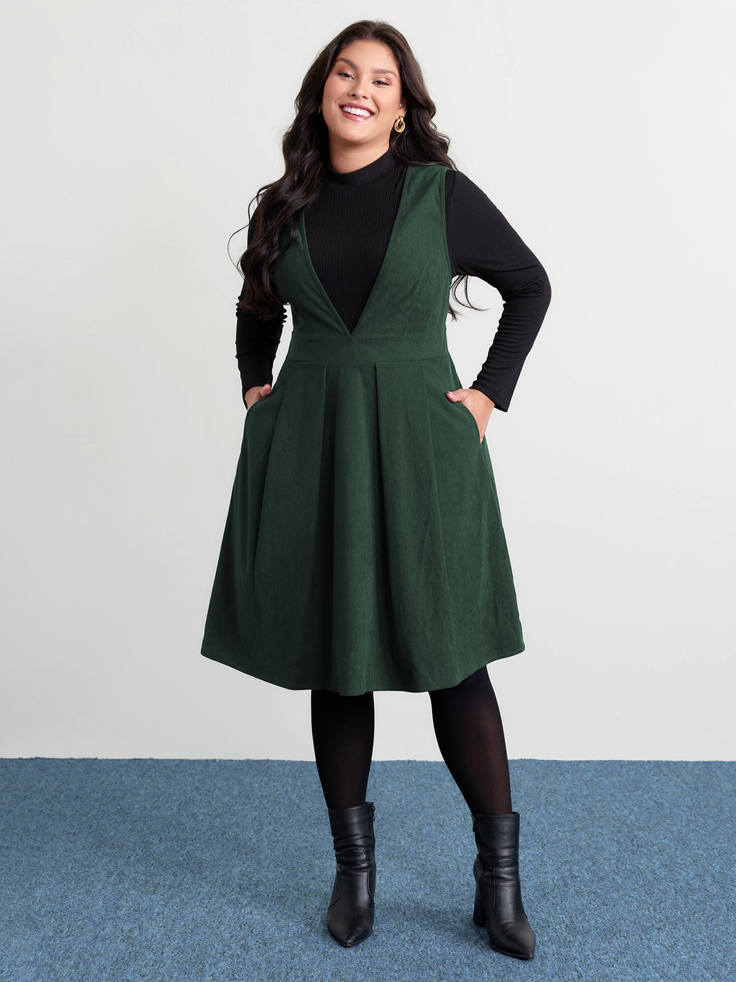 Corduroy Stretchy Waist V-Neck Mini Dress