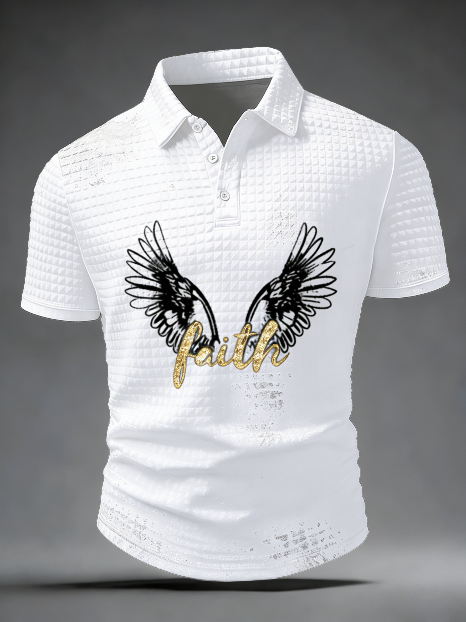 Vintage Distressed Gold Faith Angel Wings Short Sleeve Polo