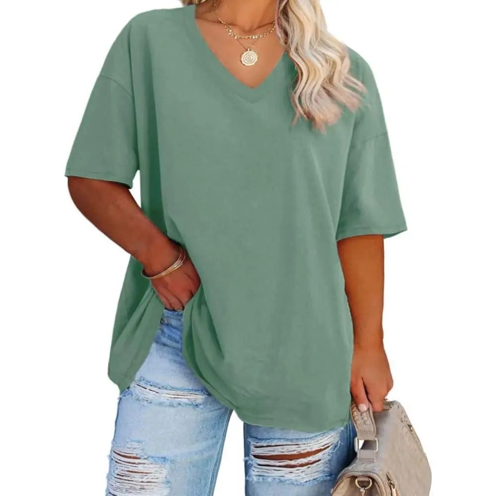 Women's V-Neck Short Sleeve Tunic Top Casual Loose Fit Soft Cotton Summer Tee