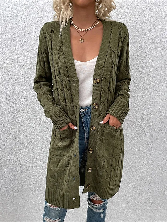 Women's Cardigan Sweater Cowl Cable Knit Faux Fur Button Pocket Summer Fall Long Daily Holiday Going out Stylish Casual Soft Long Sleeve Solid Color Black Yellow Light Green S M L