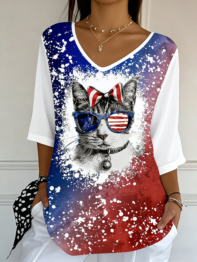 Ladies' Casual American Flag Print V-Neck Half Sleeved T-Shirt