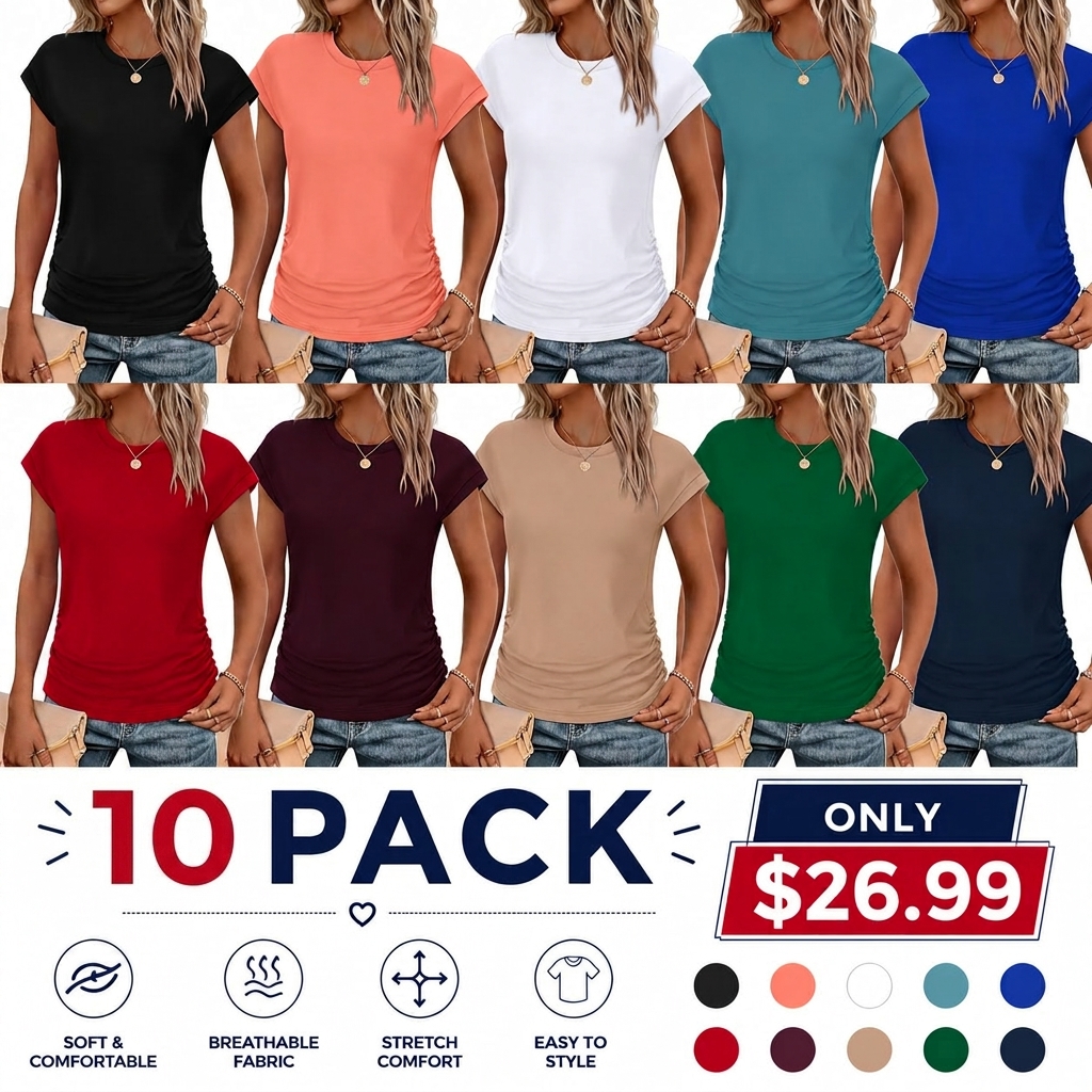 Womens Summer Tops Trendy 2026 Ruched Cap Short Sleeve Tshirts Shirts Crew Neck T Shirts Fashion