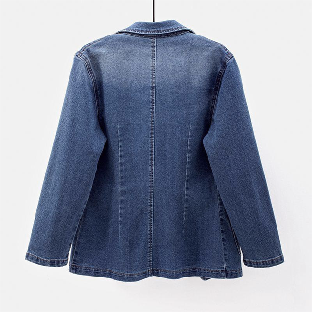 Elegant Commuter Slim Fit Suit Collar Solid Color Cardigan Denim Jacket
