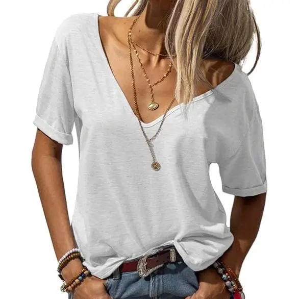 Women's Fashion Deep V-Neck Short Sleeve Tops Solid Casual Loose Basic T Shirt