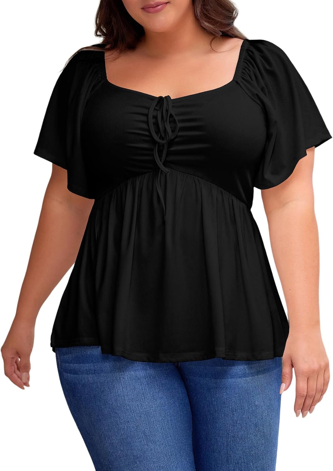 Womens Plus Size Tops Short Sleeve Sweetheart Neck Shirred Peplum Blouse Shirts