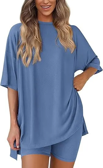🔥Women's Two Piece Lounge Set 2026 Summer Casual Oversized Shirts Biker Shorts Matching Airport Travel Outfit