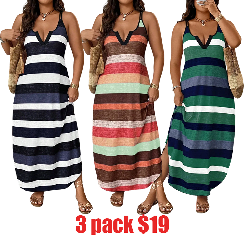 Plus Size Women's Rainbow Striped V-Neck Thin Strap Long Dress – Slimming Bodycon Vacation Style Elegant Comfortable Dress