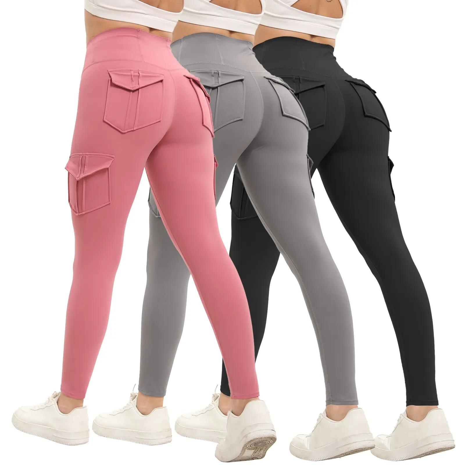 Women's 3-Pack Butt Lifting Leggings – High Waist Tummy Control with Flap & Side Pockets, Breathable Sporty Activewear for Yoga, Gym, Workout & Running