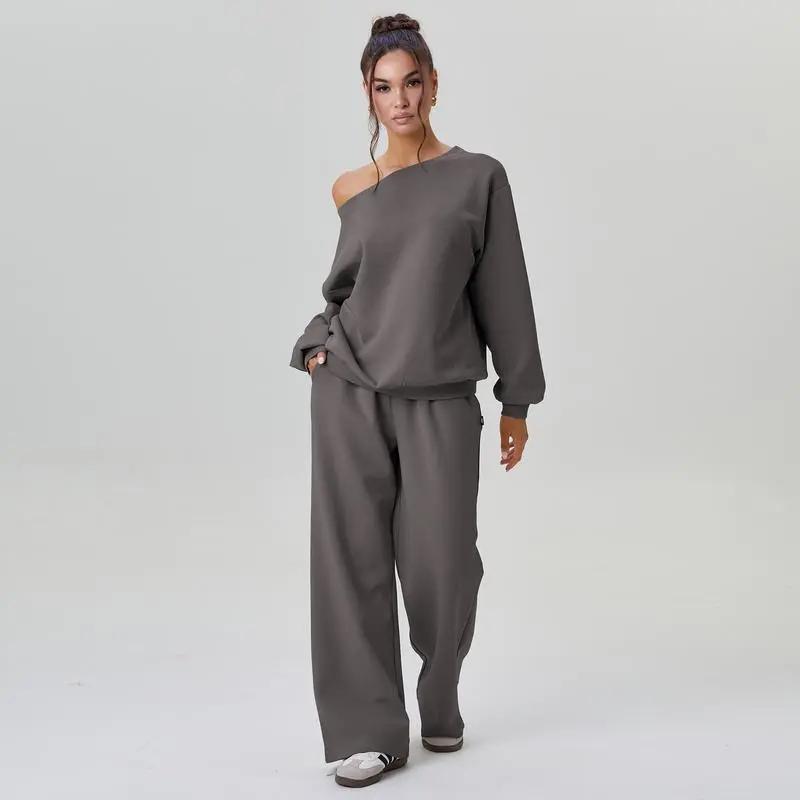 🔥8-PACKS 🔥Women's Leisure Solid Color Sloping Shoulder Long Sleeve Top & Wide Leg Trousers
