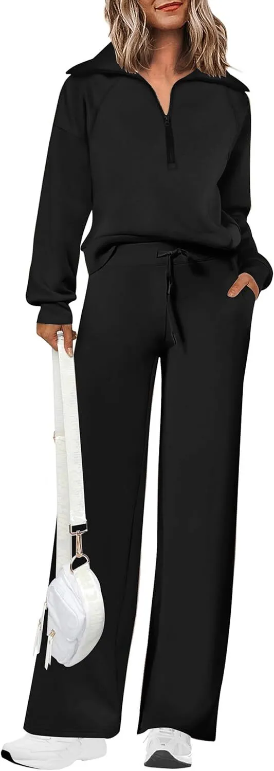 🔥Final Day Clearance!🛒Women's 2 Piece Outfits Casual Lapel Half Zip Sweatshirts And Wide Leg Pants Tracksuit Sets🔥8-PACK ONLY $28🔥