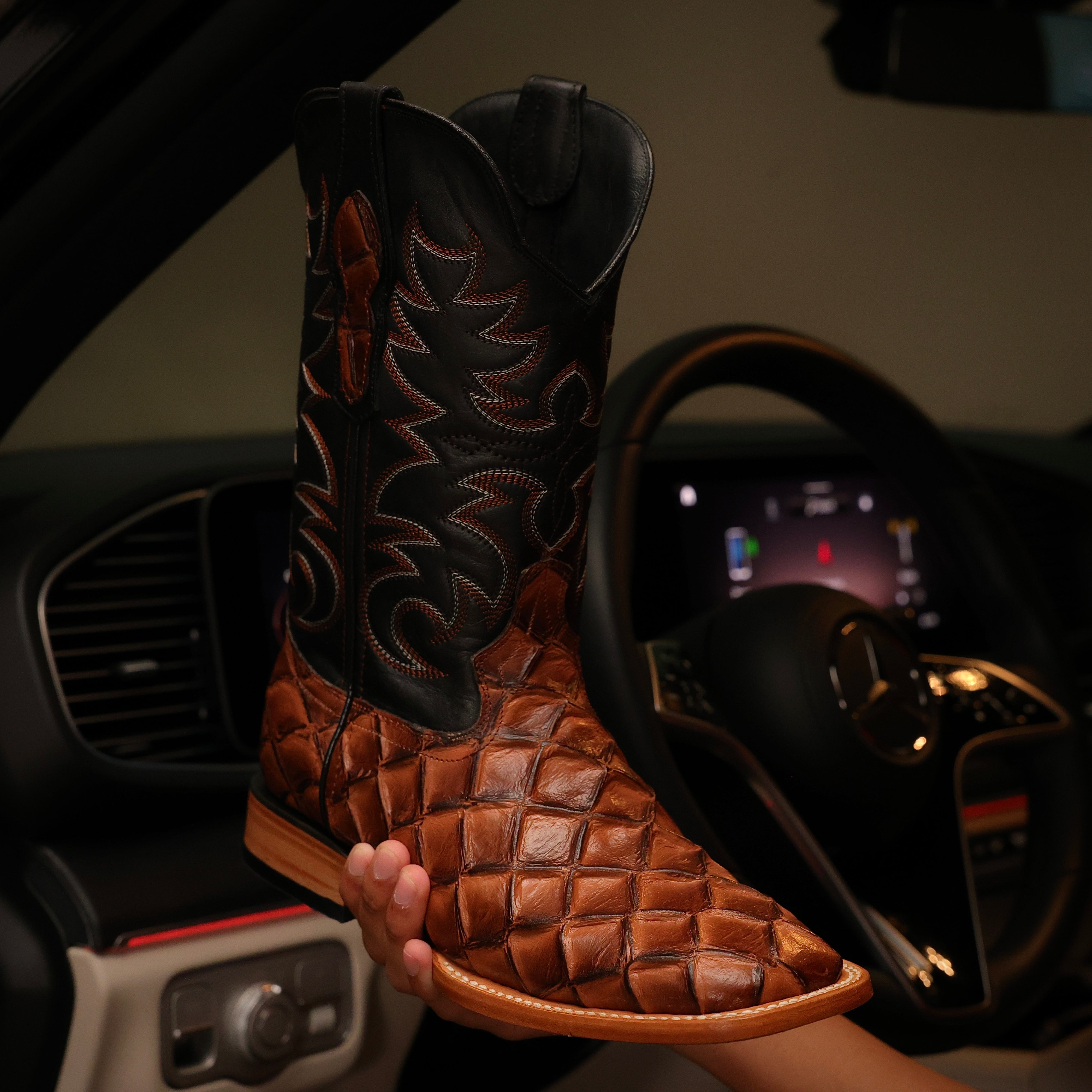 Cognac Pirarucu Leather Boots - Square Toe