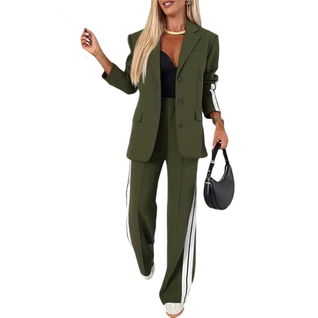 Women's Striped Side Tape Blazer & Wide-Leg Pants Set