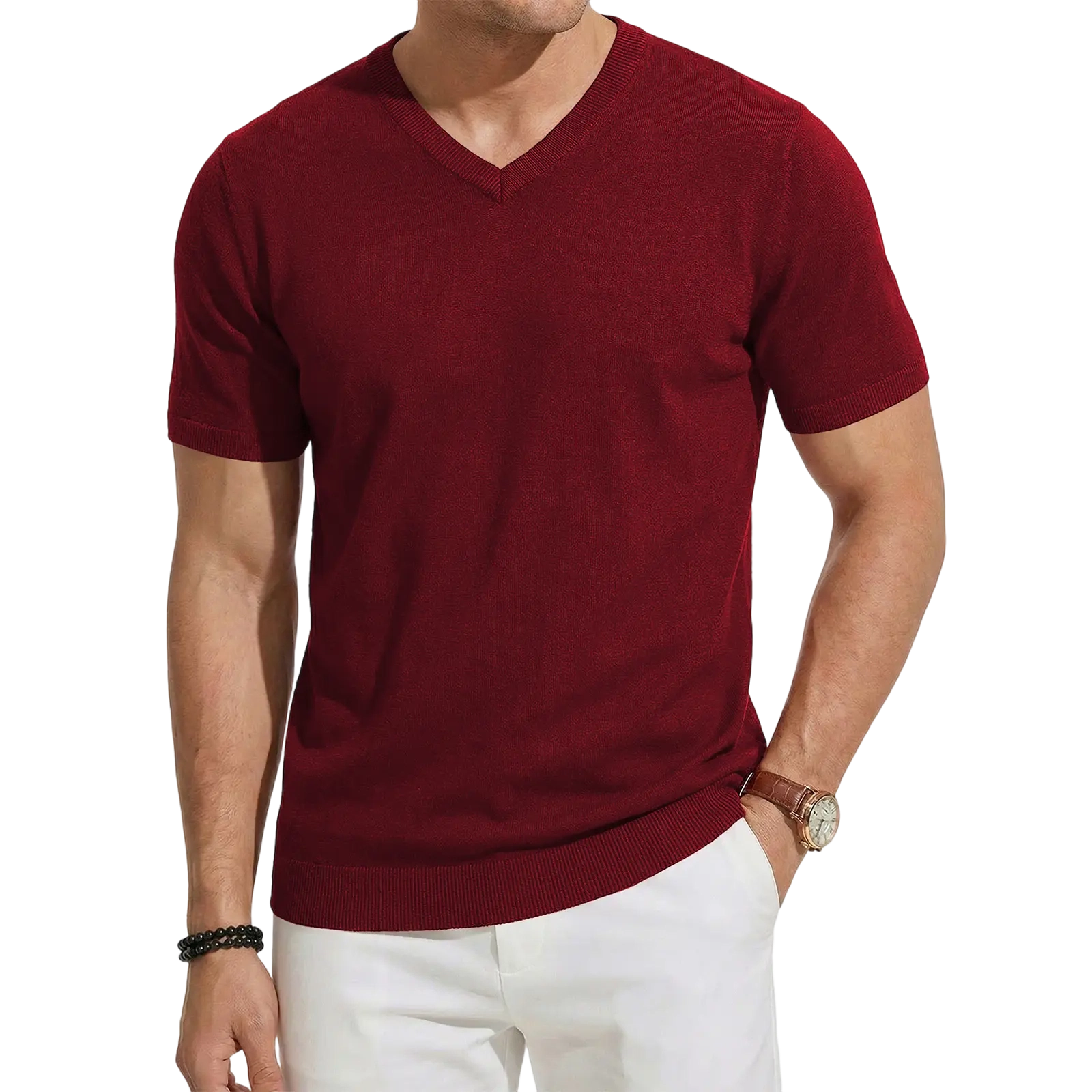 Men's Wool Blend Short Sleeve V-Neck Sweater Soft Textured Knit Pullover for Business Casual Wear