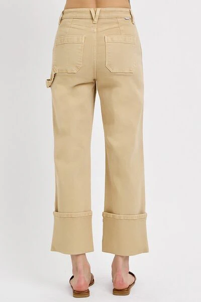 Full Size High Rise Wide Straight Cuffed Patch Jeans