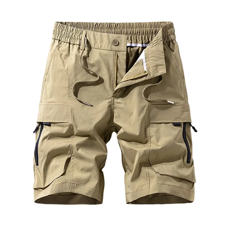 men’s casual cargo shorts with zippered pockets and a buttoned placket