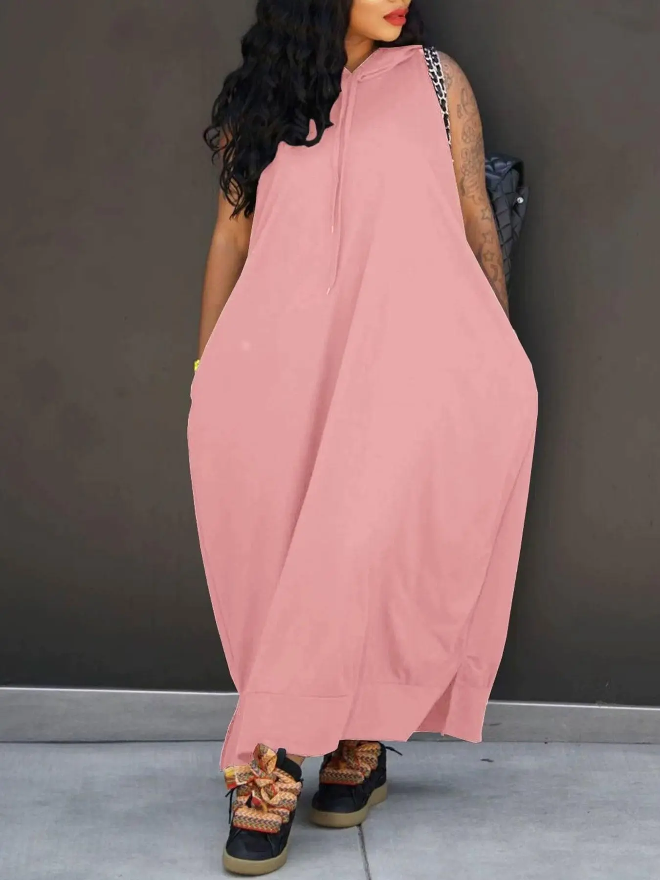 Women's Plain Drawstring Hoodie Tank Dress with Pocket for Summer
